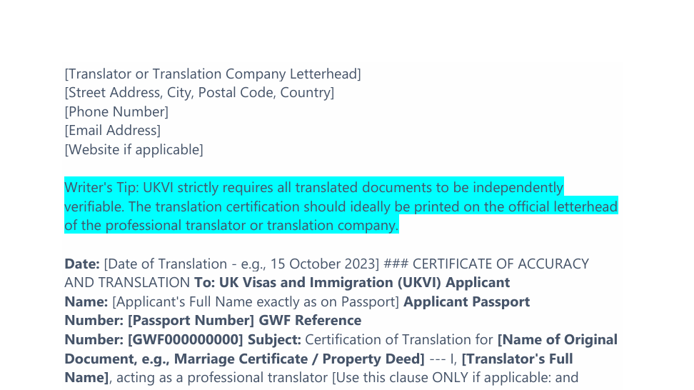 UK Visa Document Translation Certification Template preview