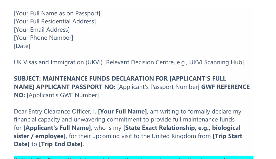 UK Visa Maintenance Funds Declaration Form Template preview