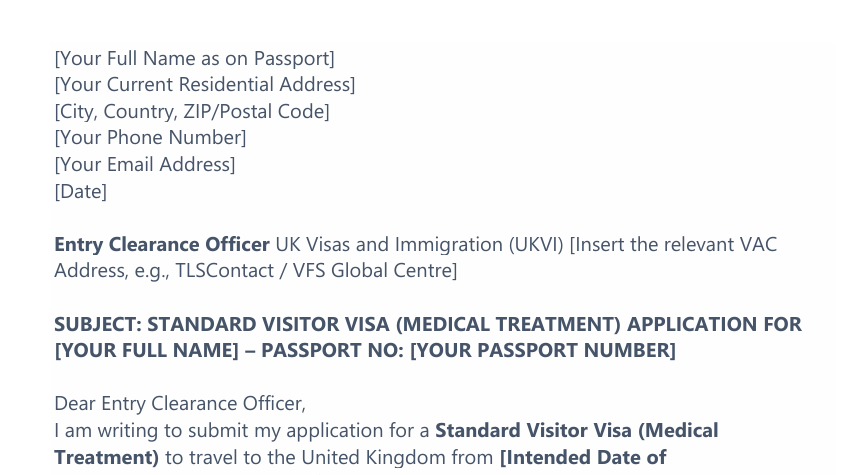 UK Medical Treatment Visitor Visa Cover Letter Template preview