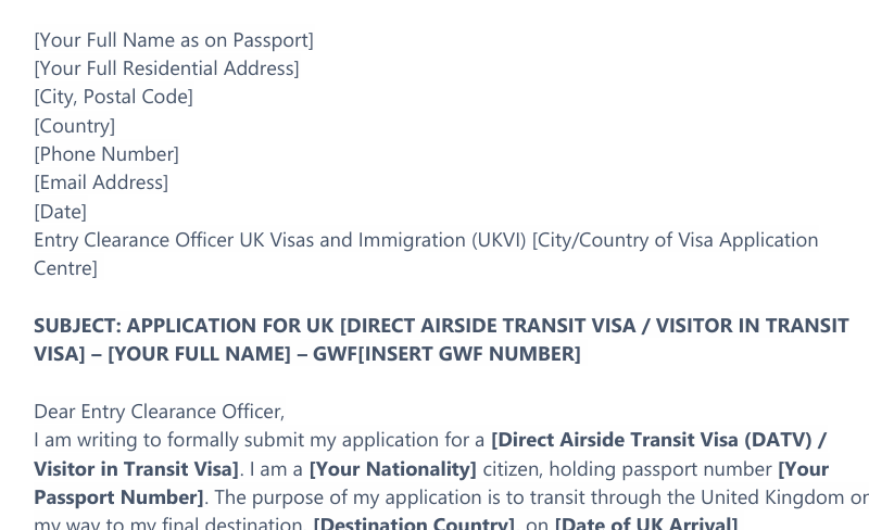 UK Transit Visa Cover Letter Template preview