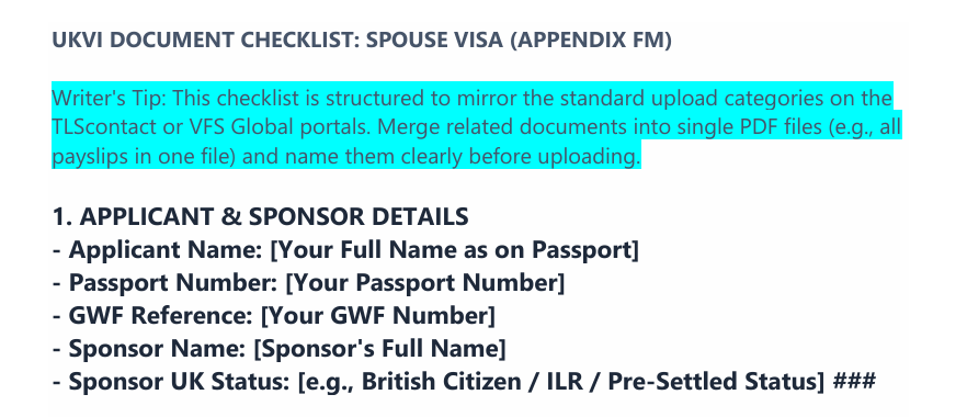 UK Spouse Visa Document Checklist Template (Appendix FM) preview