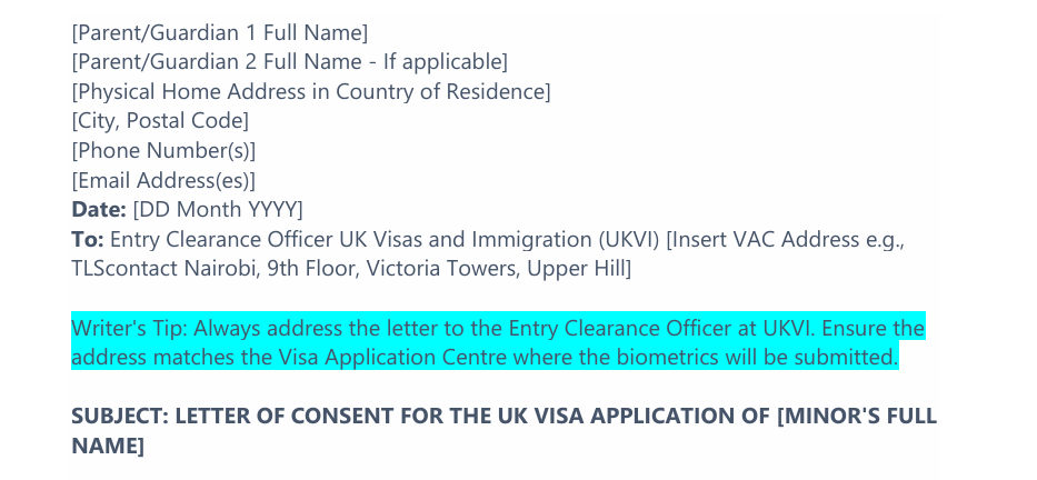 Consent Letter for Minors Traveling to the UK Template preview