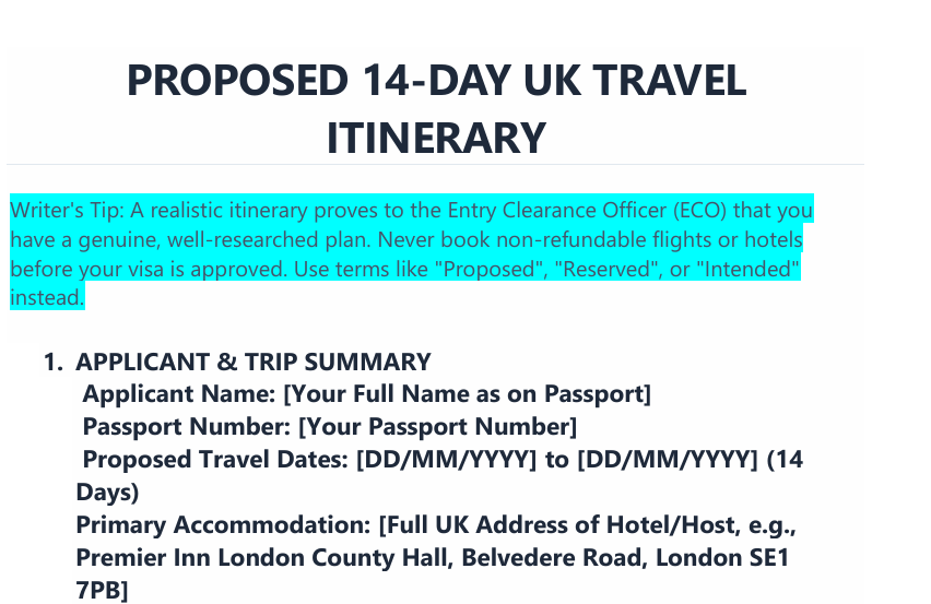 14-Day UK Tourist Visa Travel Itinerary Template preview