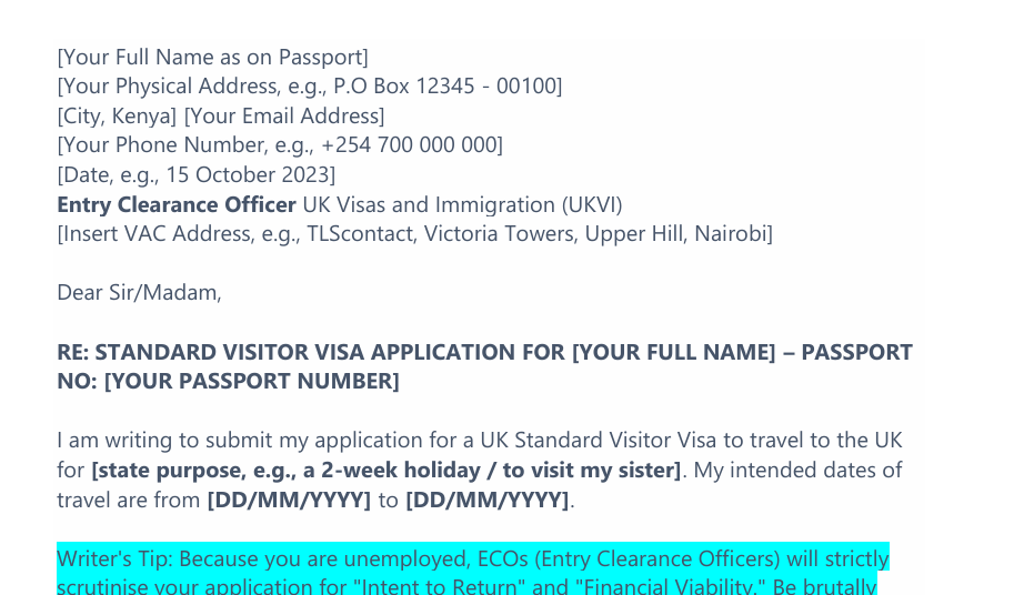 UK Visa Cover Letter Template for Unemployed Applicants preview