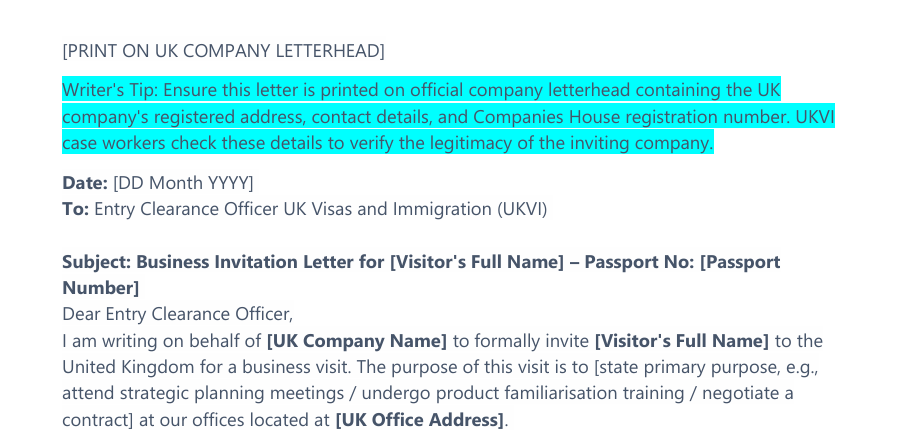 UK Business Visitor Visa Invitation Letter Template preview