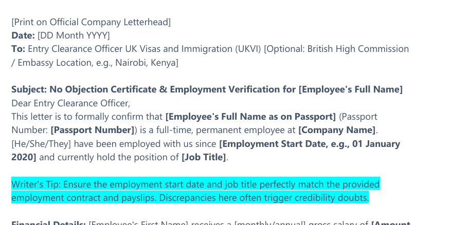 No Objection Certificate (NOC) Template from Employer for UK Visa preview