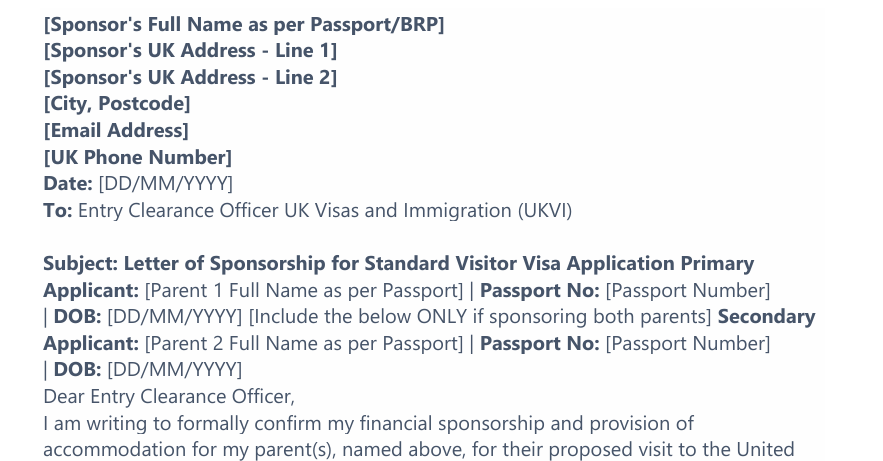 UK Visa Sponsorship Letter Template for Parents preview