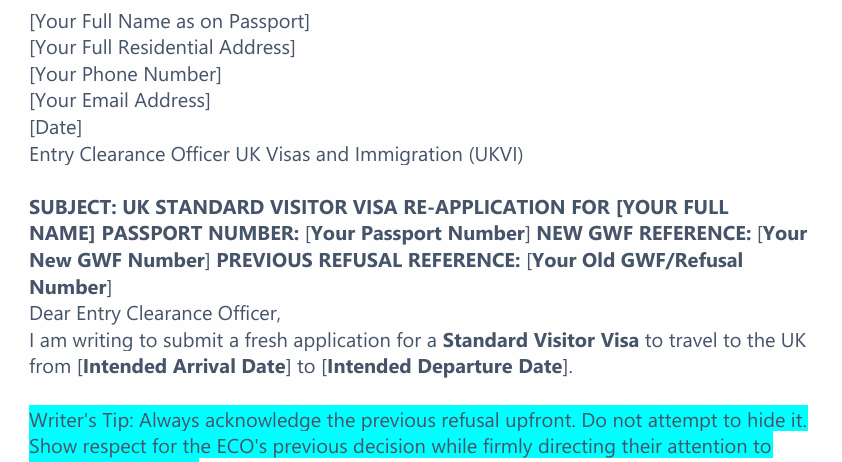 UK Visa Refusal Re-application Cover Letter Template preview
