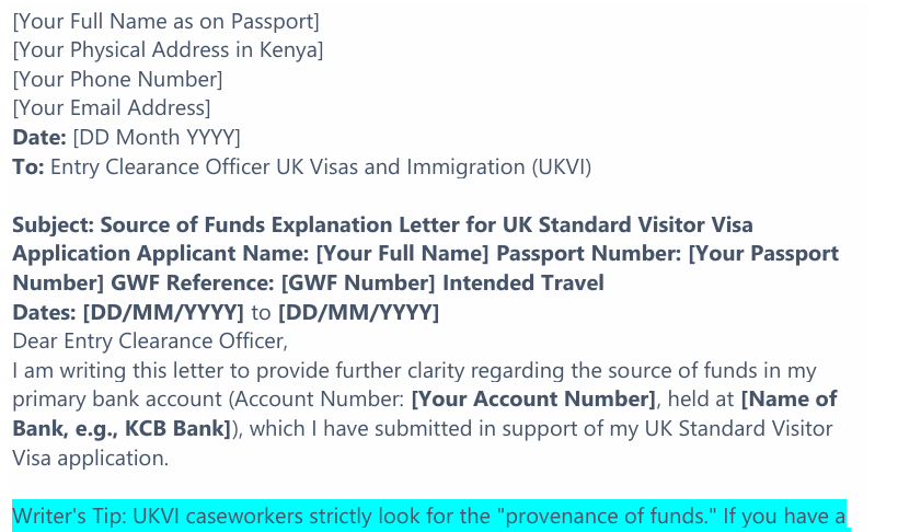 Source of Funds Explanation Letter Template for UK Visa preview