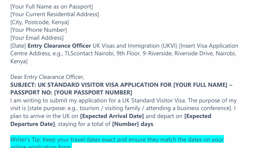 UK Standard Visitor Visa Cover Letter Template preview