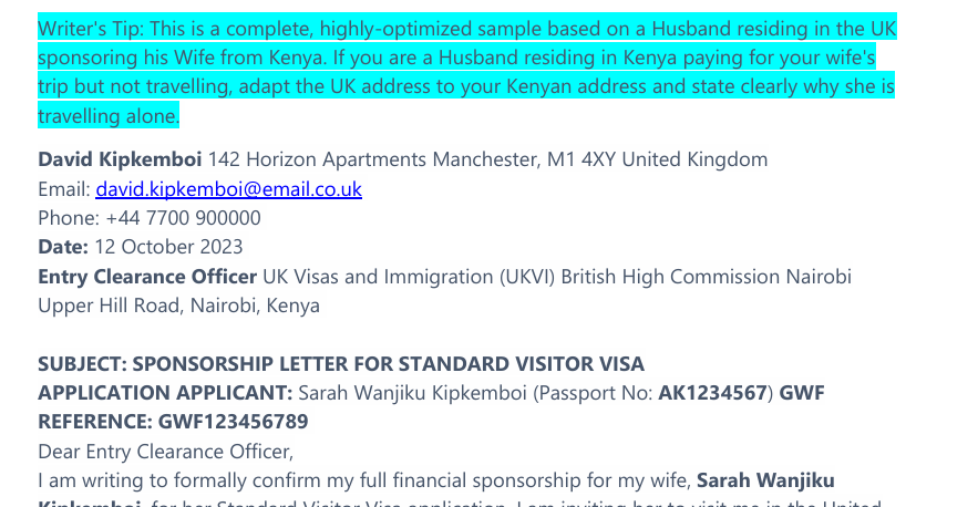 UK Visa Sponsorship Letter Sample from Husband/Wife preview