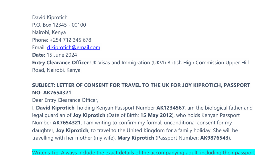 Letter of Consent from Non-Traveling Parent for UK Visa Sample preview
