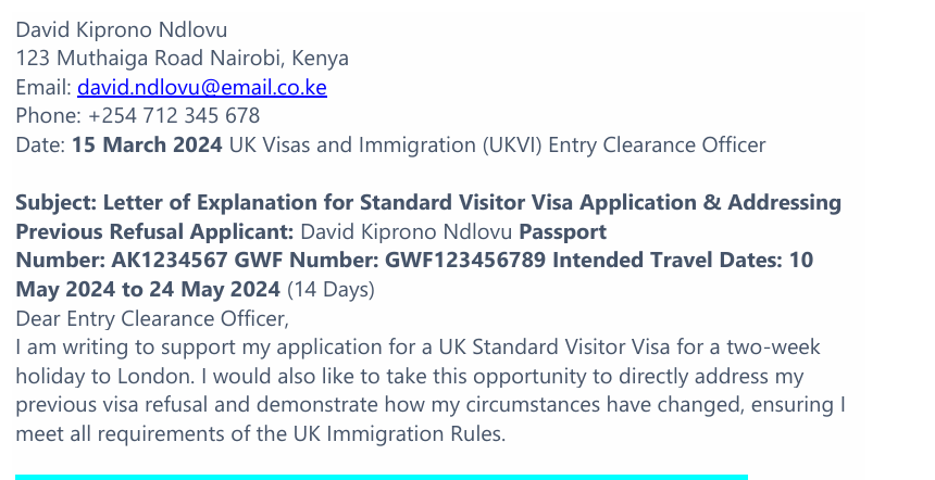 Letter of Explanation for Previous UK Visa Refusal Sample preview