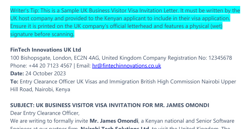 UK Business Visitor Visa Invitation Letter Sample preview
