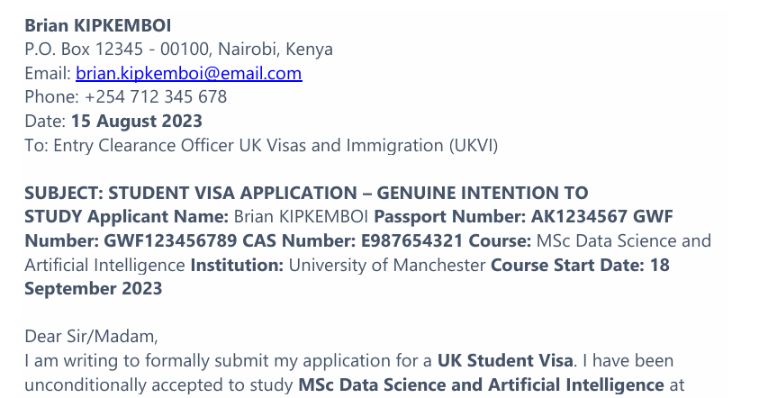 UK Student Visa Genuine Intention Cover Letter Sample preview