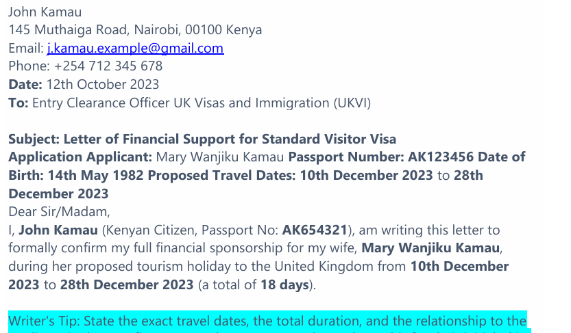 UK Visa Financial Support Letter Sample for Visitor Visa preview