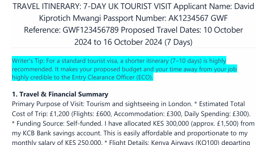 7-Day UK Tourist Visa Travel Itinerary Sample preview