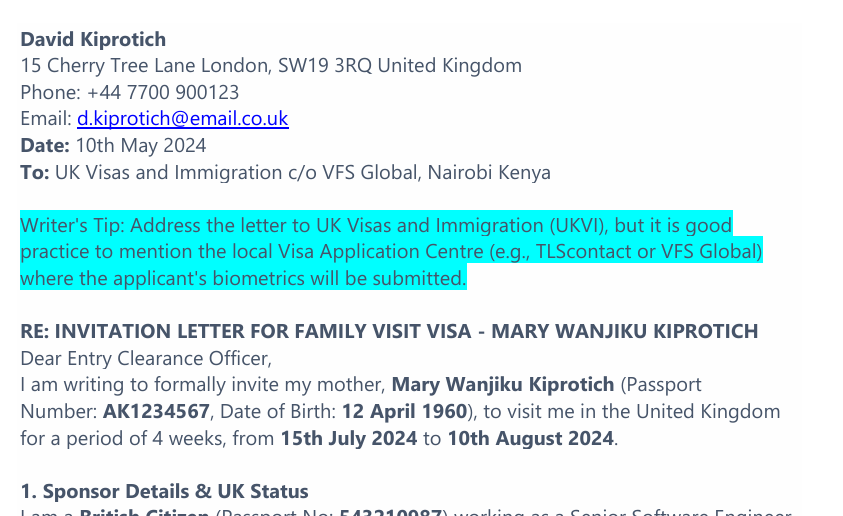 Invitation Letter for UK Visa from Family Sample preview
