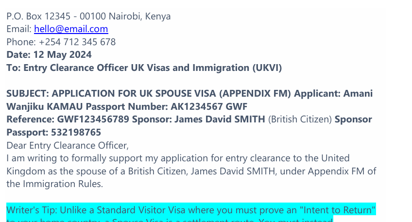 UK Spouse Visa Cover Letter Sample (Appendix FM) preview